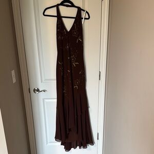 Floor Length Brown Halter Gold beaded dress